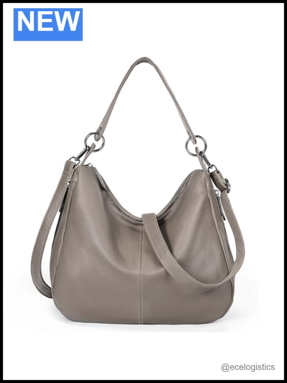 Genuine Leather Multi-Pocket Hobo Shoulder Bag with Two Straps
